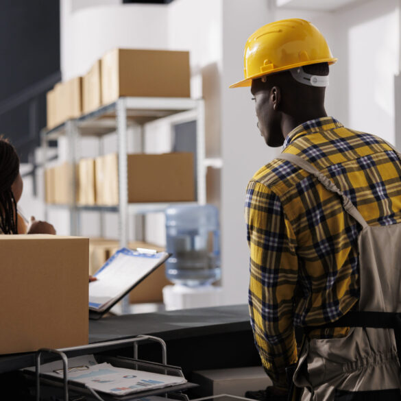 Courier checking orders list and receiving parcel in retail storehouse. African american warehouse managers preparing package delivery invoice at reception desk in storage room