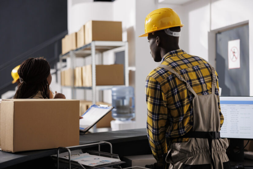 Courier checking orders list and receiving parcel in retail storehouse. African american warehouse managers preparing package delivery invoice at reception desk in storage room